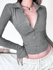 Solid Lapel Neck Breasted Long Sleeve Tee