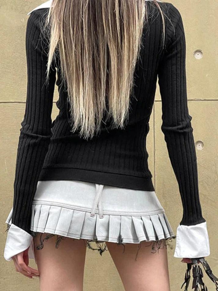 Polo Neck Splice Fake Two Piece Long Sleeve Knit
