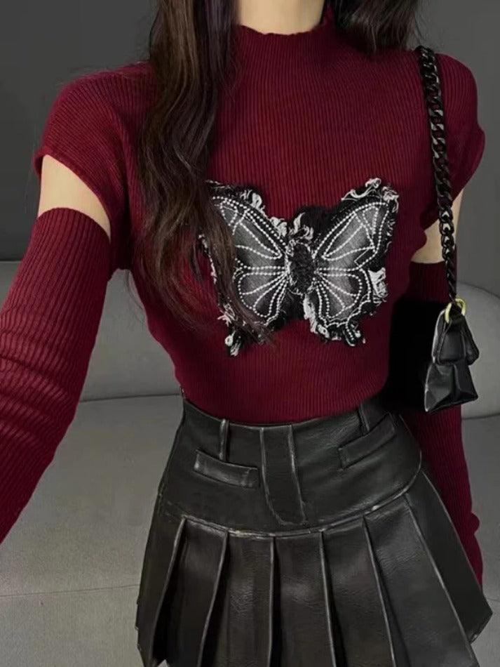 Butterfly Patch Mock Neck With Cuff Long Sleeve Knit