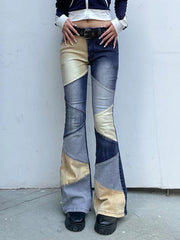 Mix Color Denim Irregular Splice Flare Jeans