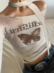 Off Shoulder Vintage Butterfly Print Long Sleeve Tee