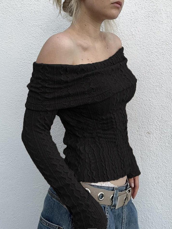 Solid Off Shoulder Slim Cable Knit Long Sleeve Knit