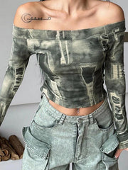 Ombre Print Off Shoulder Cropped Long Sleeve Tee