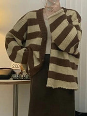 Contrast Color Striped V Neck Rolled Loose Knit Cardigan