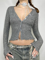 Solid Breasted V Neck Slim Long Sleeve Knit