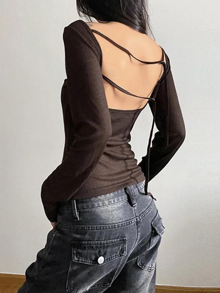 Backless Tie Up Long Sleeve Knit