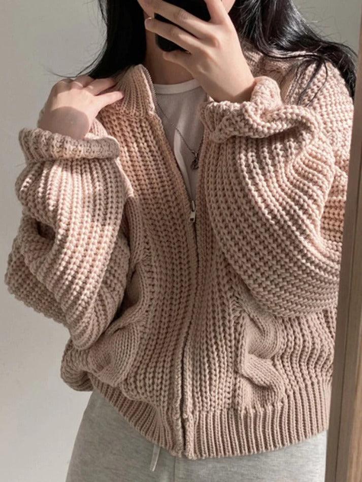 Solid Zip Up Crochet Cable Knit Cardigan