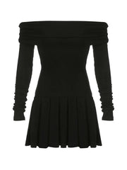 Black Off Shoulder Pleated Slim Mini Dress