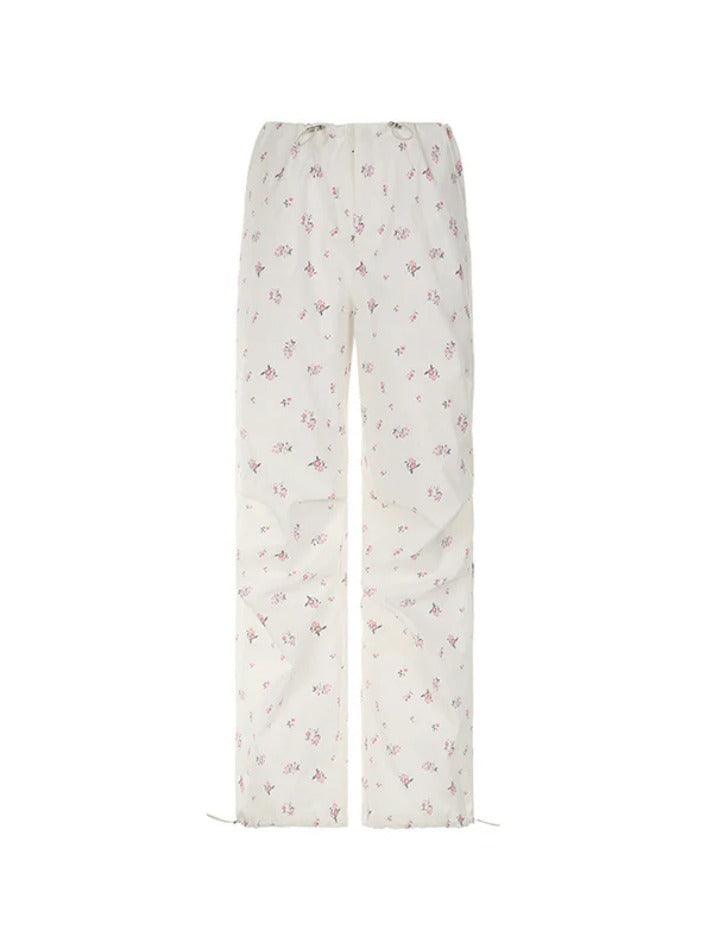 Low Waist Drawstring Disty Floral Print Wide Leg Pants