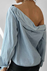 Bxoxo - Spring Button-Neck Off-Shoulder Long-Sleeved Denim Shirt