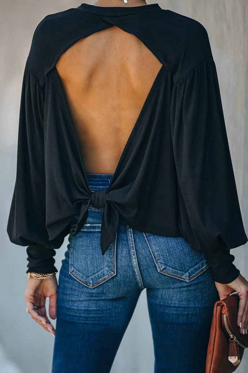 Bxoxo - Lantern Sleeve Cutout Open Back Tie Detail Blouse