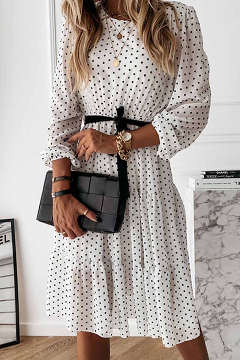 Bxoxo - Elegant White Black Dot Print Round Neck Tie Midi Dress