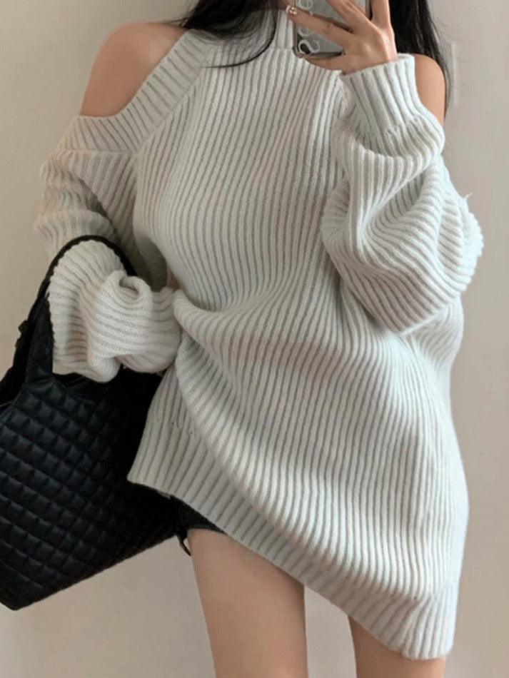 Solid Cold Shoulder Loose Ribbed Sweater