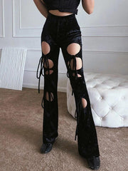 Lace Up Cutout Velvet Flare Leg Pants