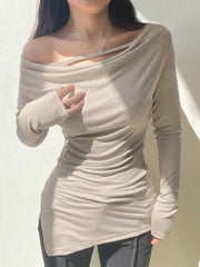 Solid Off Shoulder Irregular Slit Hem Long Sleeve Tee