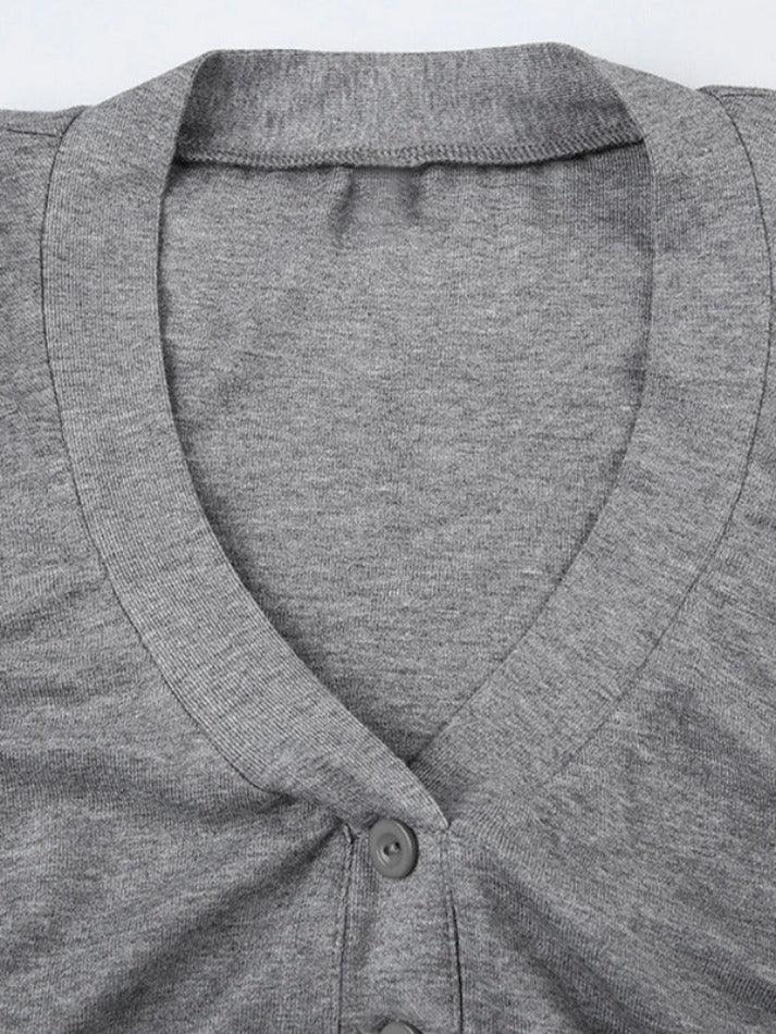 Solid Ruched V Neck Long Sleeve Tee