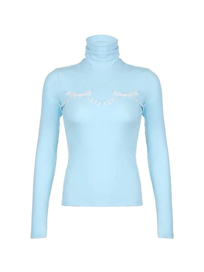 Lace Bow Decor High Neck Long Sleeve Tee