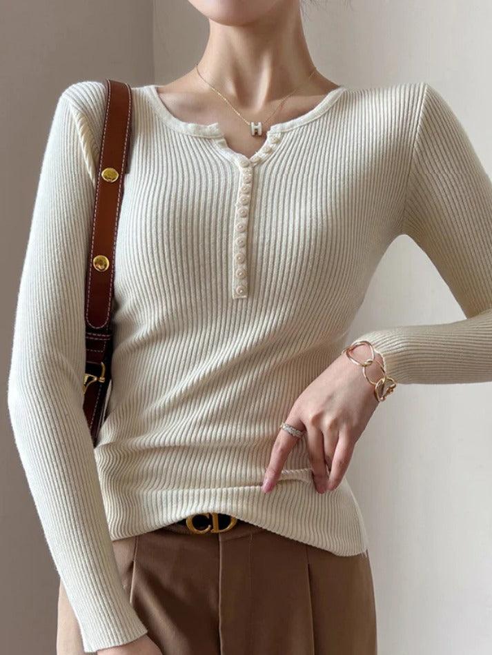 Solid Ribbed Breasted Long Sleeve Knit