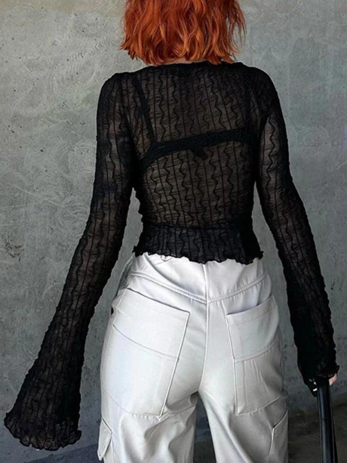 Perspective Mesh Lace Up Long Sleeve Blouse