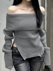 Solid Off Shoulder Zip Up Hem Sweater