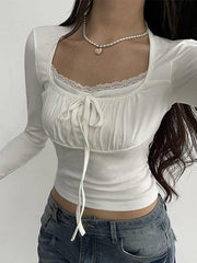 Lace Trim Shirred Lace Up Long Sleeve Tee