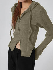 Solid Hooded Irregular Hem Double Zipper Long Sleeve Knit
