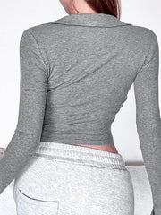 Solid Lapel Neck Breasted Long Sleeve Tee