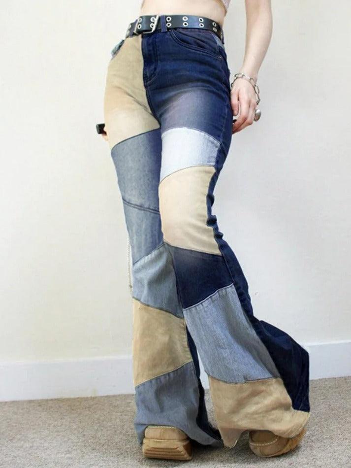 Mix Color Denim Irregular Splice Flare Jeans