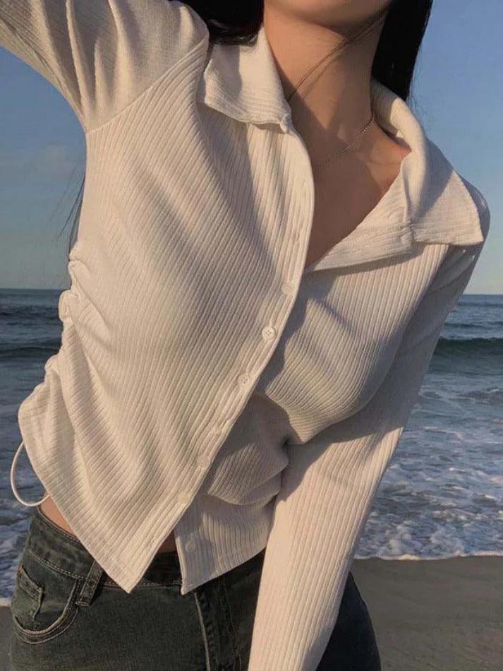 Solid Side Drawstring Ruched Breasted Long Sleeve Blouse