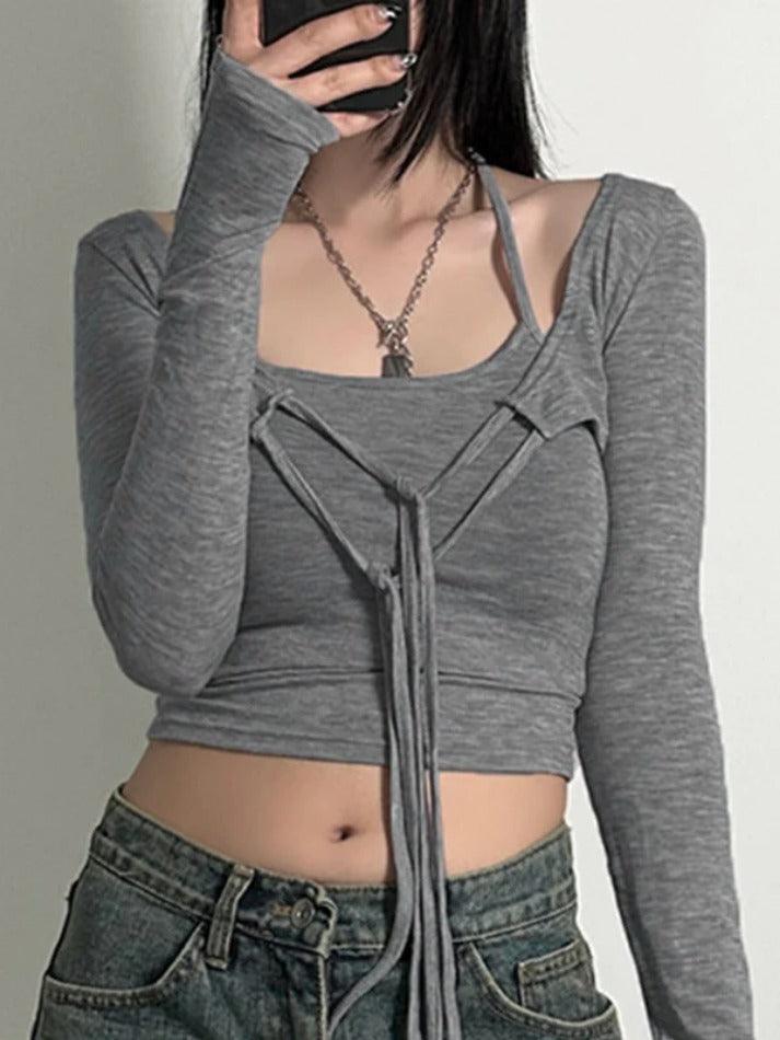 Solid Color Halter Lace Up Two Piece Long Sleeve Tee