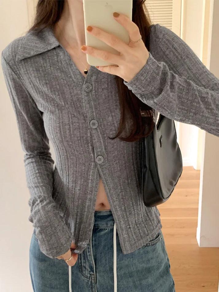 Solid Lapel Neck Slim Long Sleeve Knit