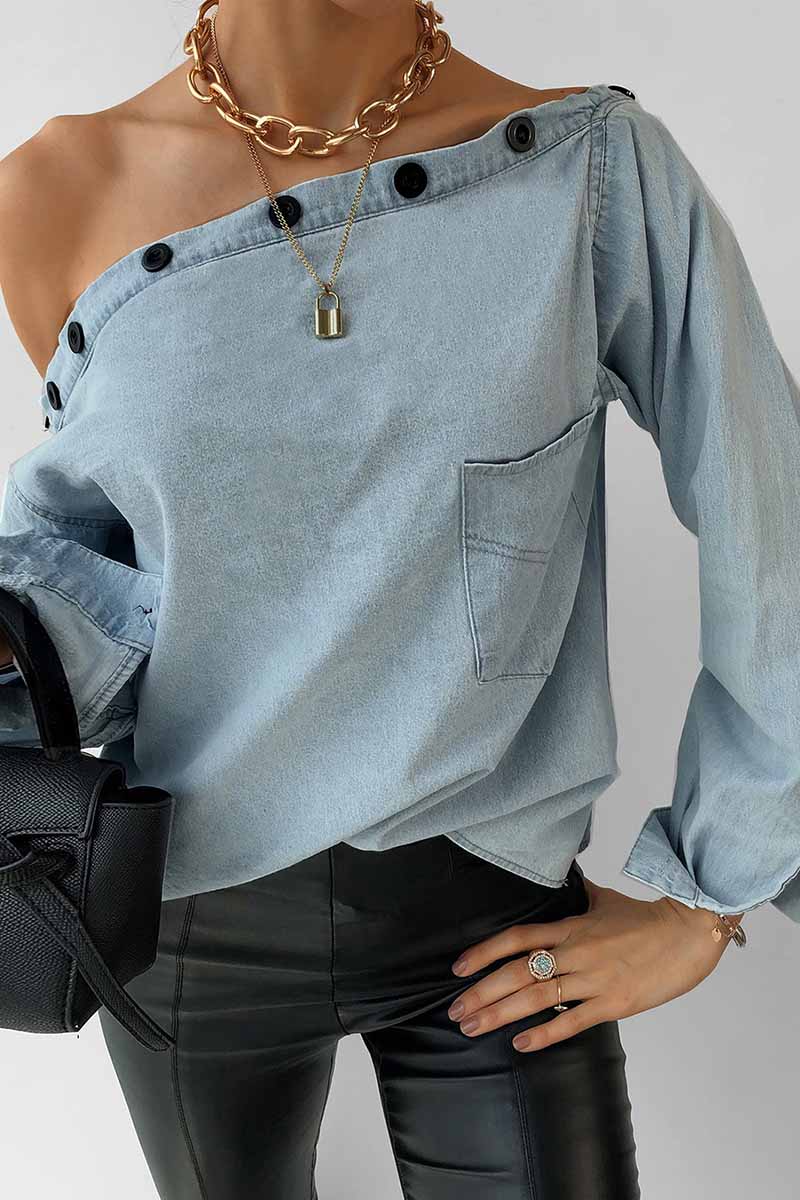 Bxoxo - Spring Button-Neck Off-Shoulder Long-Sleeved Denim Shirt