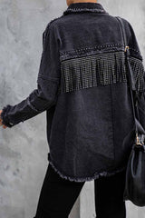 Bxoxo - Long Sleeve Fringed Denim Jacket Tops