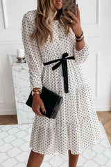 Bxoxo - Elegant White Black Dot Print Round Neck Tie Midi Dress