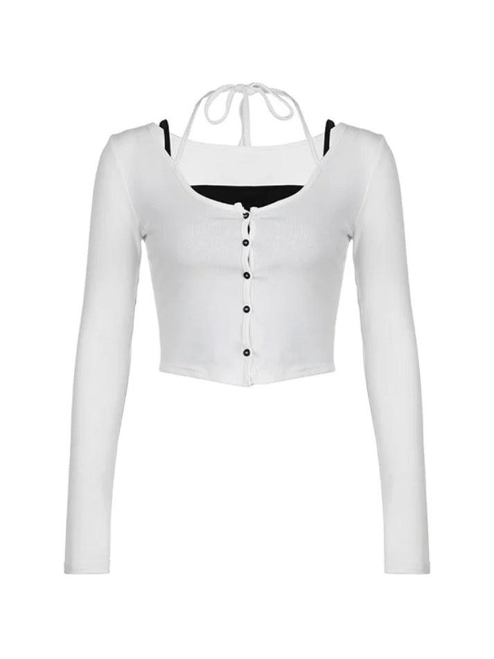 Solid Halter Breasted Two Piece Long Sleeve Knit