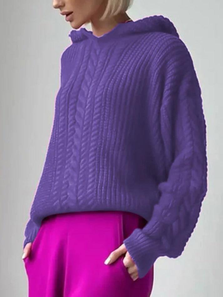 Solid Color Hooded Cable Knit Sweater