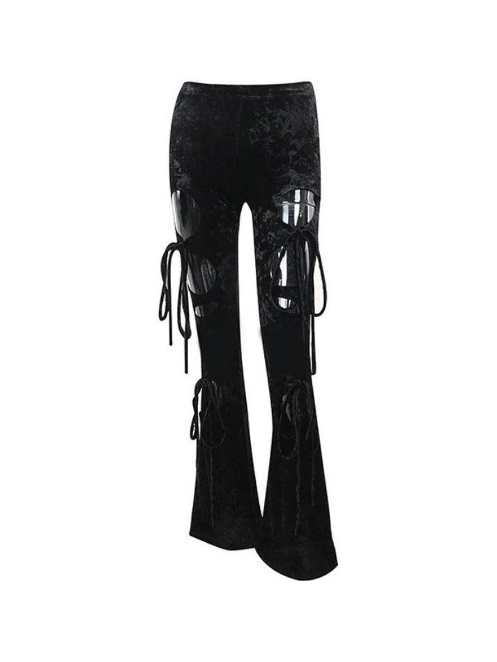 Lace Up Cutout Velvet Flare Leg Pants