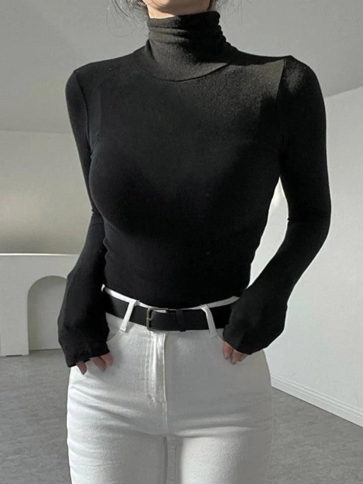 Solid High Neck Elastic Long Sleeve Tee