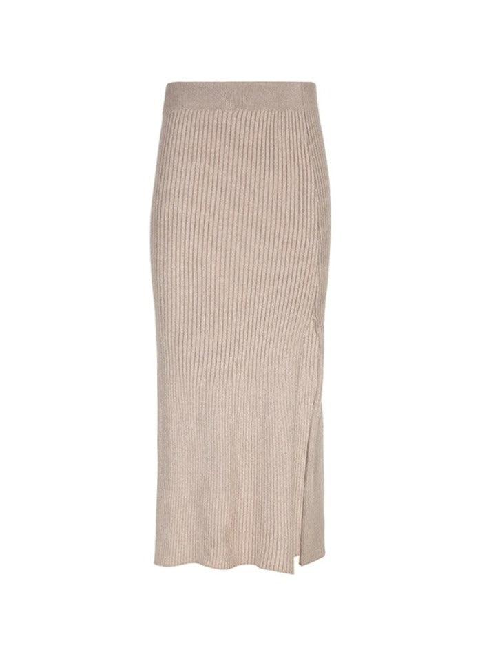 Solid High Rise Slit Knit Midi Skirt