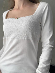 Solid Square Neck Lace Trim Long Sleeve Tee