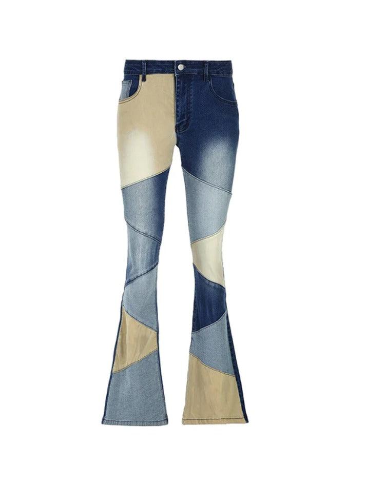 Mix Color Denim Irregular Splice Flare Jeans