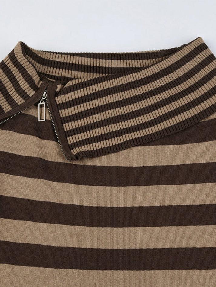 Contrast Color Striped Off Shoulder Zip Up Sweater