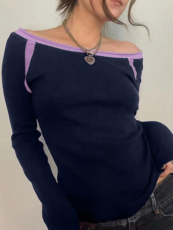 Contrast Color Off Shoulder Long Sleeve Tee