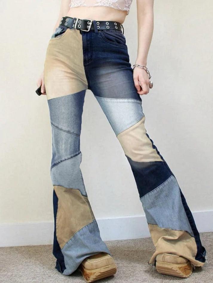 Mix Color Denim Irregular Splice Flare Jeans