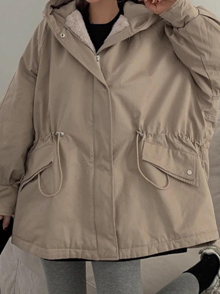 Solid Hooded Drawstring Flap Detail Jacket