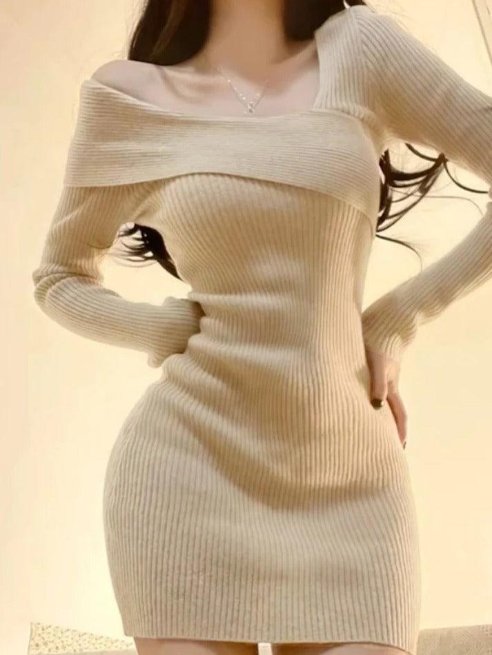 Solid Ribbed Splice Slanted Neck Knit Mini Dress