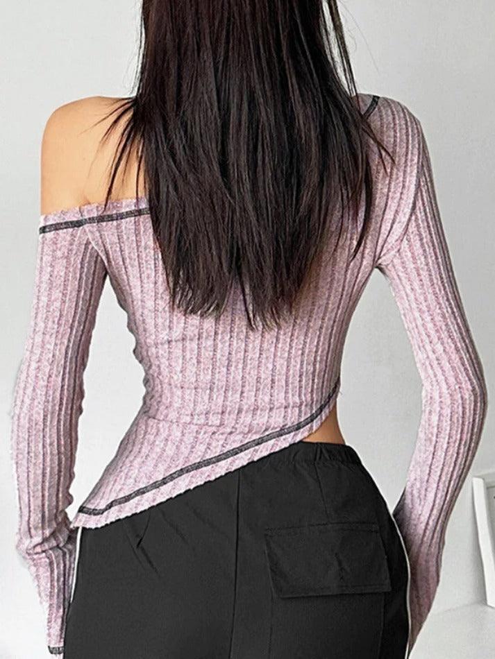 Slanted Shoulder Splice Irregular Hem Long Sleeve Knit