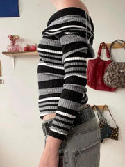 Contrast Color Striped Off Shoulder Slim Sweater