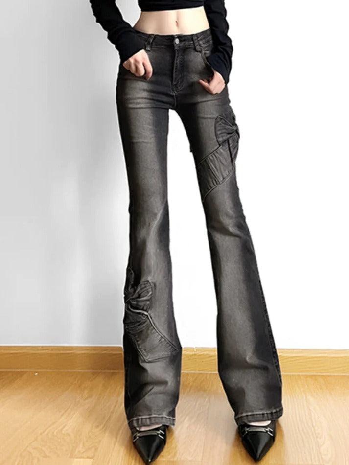 High Rise Ruched Bow Flare Jeans