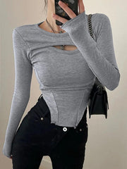 Solid Fake Two Piece Cutout Irregular Hem Long Sleeve Tee